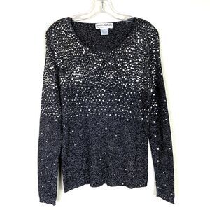 Lauren Michelle Metallic Sequined Shirt XL Gray Silver Stretchy Knit Goth Party